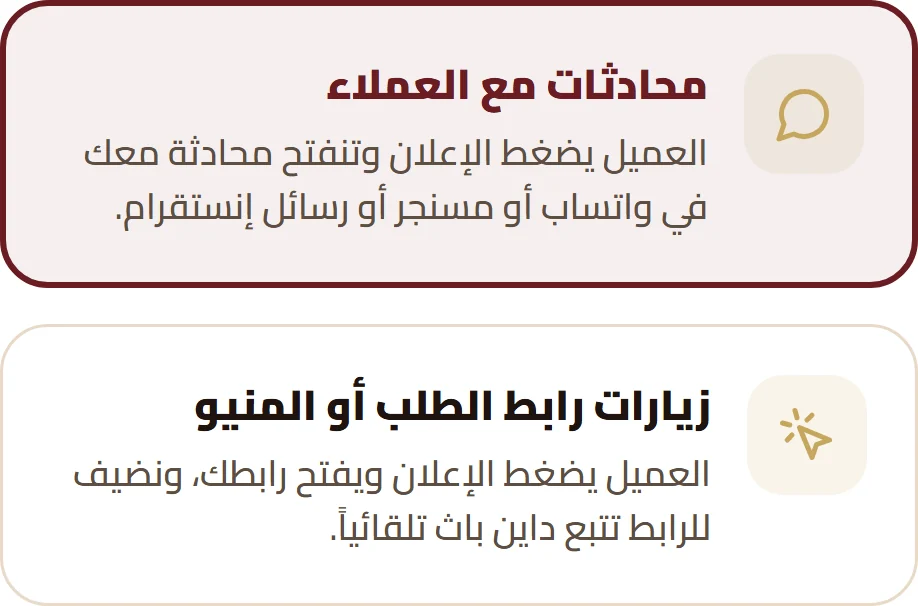 هدفا الحملة في DinePath: محادثات مع العملاء، أو زيارات رابط الطلب أو المنيو