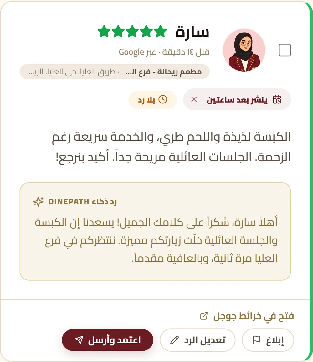 شاشة التقييمات في DinePath: تقييم خمس نجوم رده ينشر بعد ساعتين، وتقييمات أقل ردها مسودة